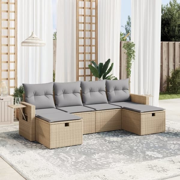 vidaXL havesofasæt 6 dele med hynder polyrattan beige
