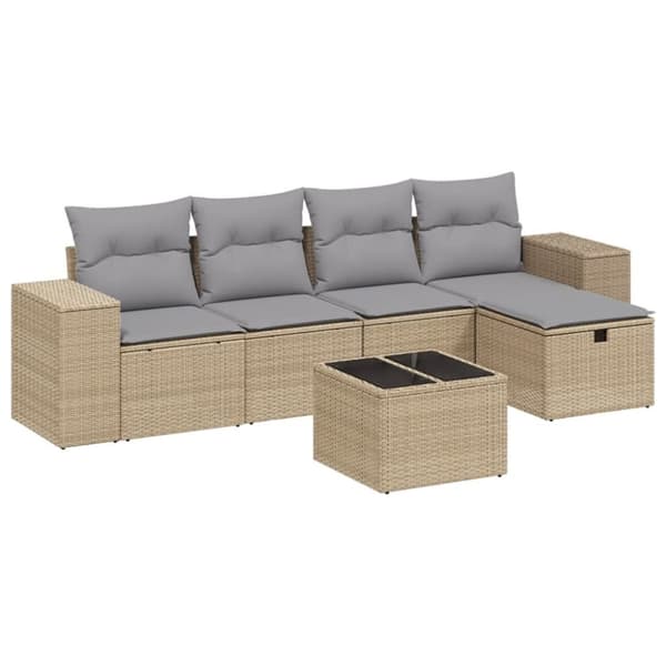 vidaXL havesofasæt 6 dele med hynder polyrattan beige