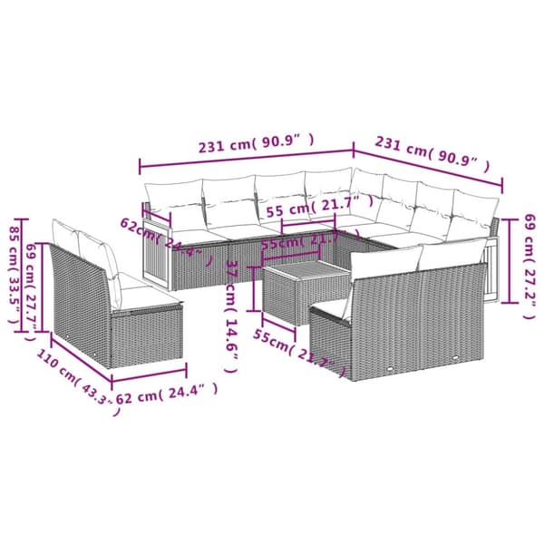 vidaXL sofasæt til haven 12 dele med hynder polyrattan grå