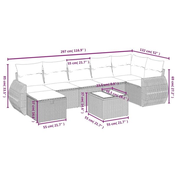 vidaXL havesofasæt 8 dele med hynder polyrattan beige