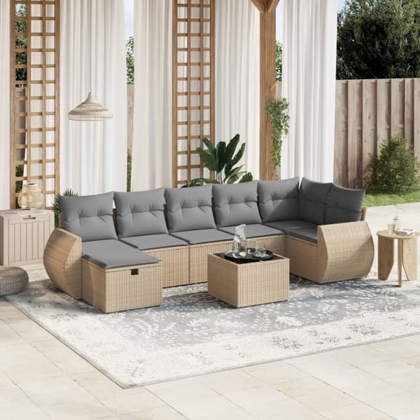 vidaXL havesofasæt 8 dele med hynder polyrattan beige