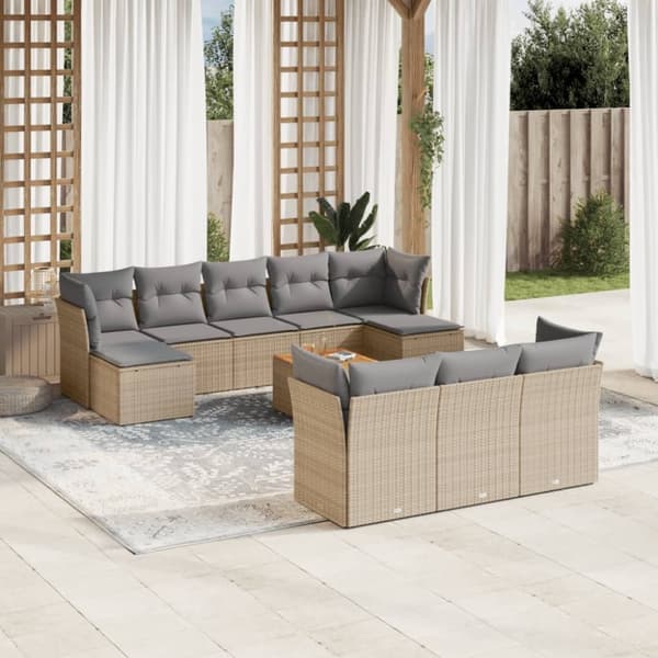 vidaXL havesofasæt 11 dele med hynder polyrattan beige