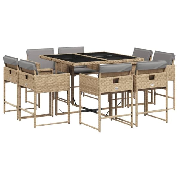 vidaXL spisebordssæt til haven 9 dele med hynder polyrattan beige