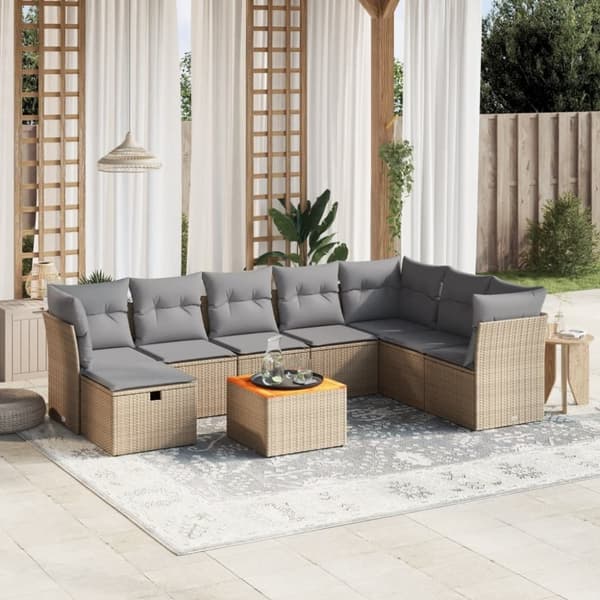 vidaXL spisebordssæt til haven 9 dele med hynder polyrattan beige