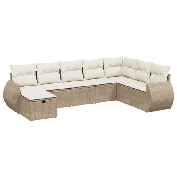 vidaXL Matgrupp för trädgården med dynor 8 delar beige konstrotting