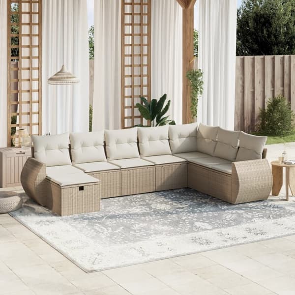 vidaXL Matgrupp för trädgården med dynor 8 delar beige konstrotting