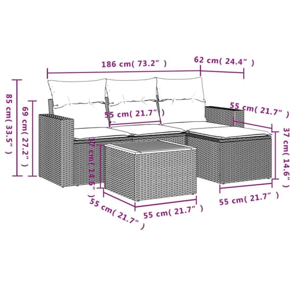 vidaXL havesofasæt 5 dele med hynder polyrattan beige