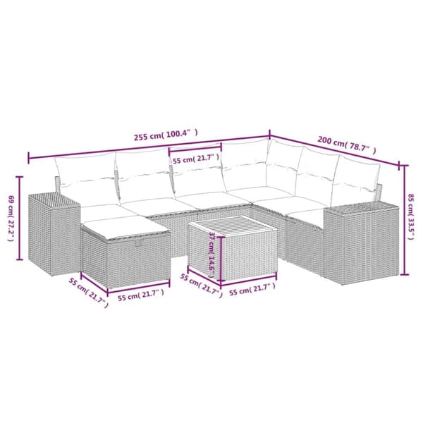 vidaXL sofasæt til haven 8 dele med hynder polyrattan grå