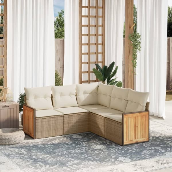 vidaXL Soffgrupp för trädgården med dynor 5 delar beige konstrotting