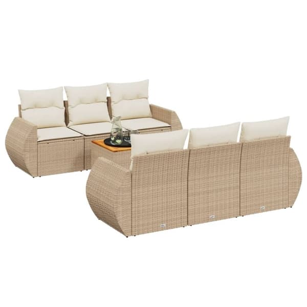 vidaXL Matgrupp för trädgården med dynor 7 delar beige konstrotting