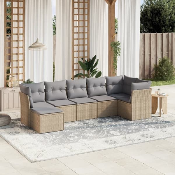 vidaXL havesofasæt 7 dele med hynder polyrattan beige