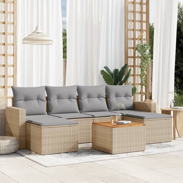 vidaXL havesofasæt 7 dele med hynder polyrattan beige