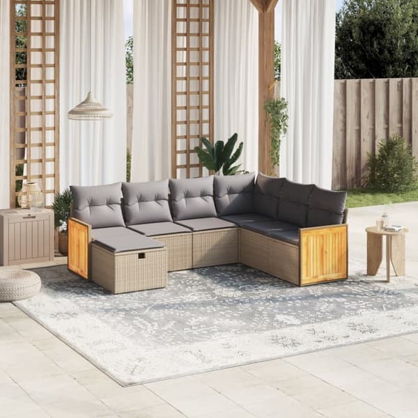vidaXL Soffgrupp för trädgård med dynor 7 delar mixbeige konstrotting