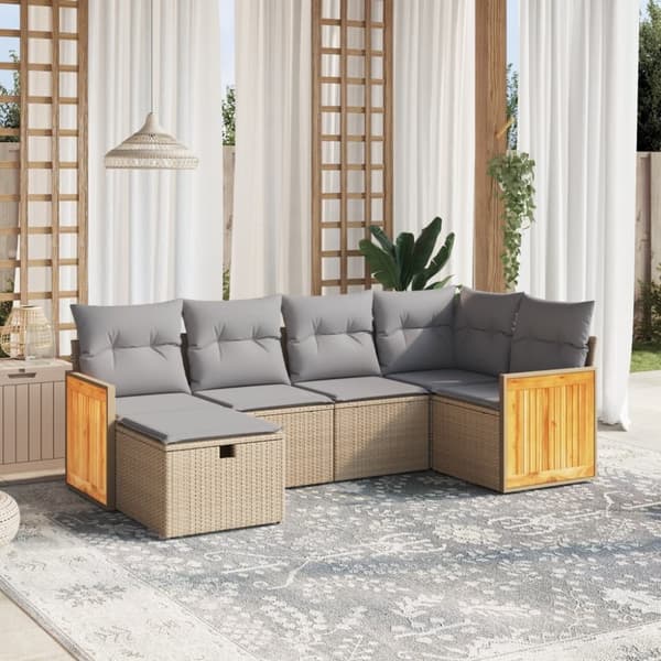 vidaXL havesofasæt 6 dele med hynder polyrattan beige