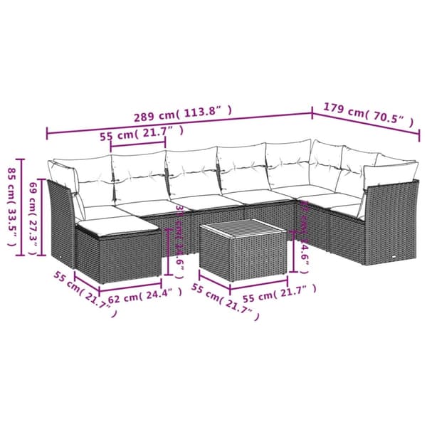 vidaXL sofasæt til haven 9 dele med hynder polyrattan grå