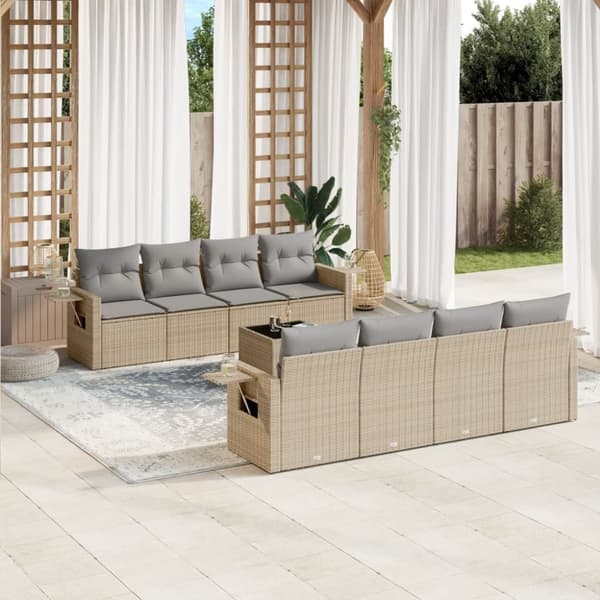 vidaXL Soffgrupp för trädgården med dynor 9 delar beige konstrotting