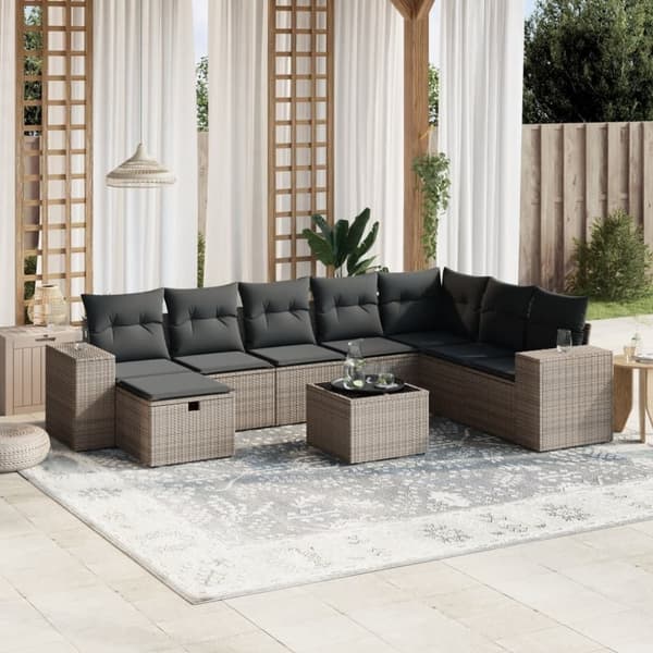 vidaXL sofasæt til haven 9 dele med hynder polyrattan grå