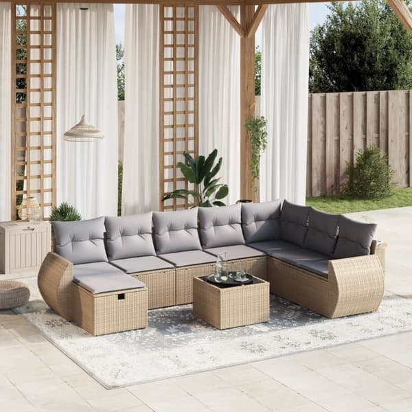 vidaXL spisebordssæt til haven 9 dele med hynder polyrattan beige