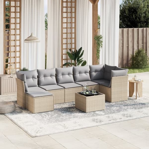 vidaXL havesofasæt 8 dele med hynder polyrattan beige