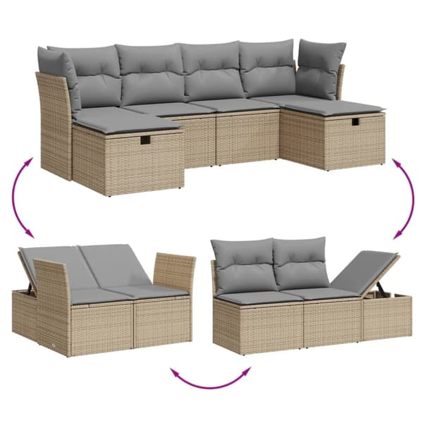 vidaXL havesofasæt 6 dele med hynder polyrattan beige