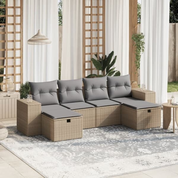 vidaXL havesofasæt 6 dele med hynder polyrattan beige