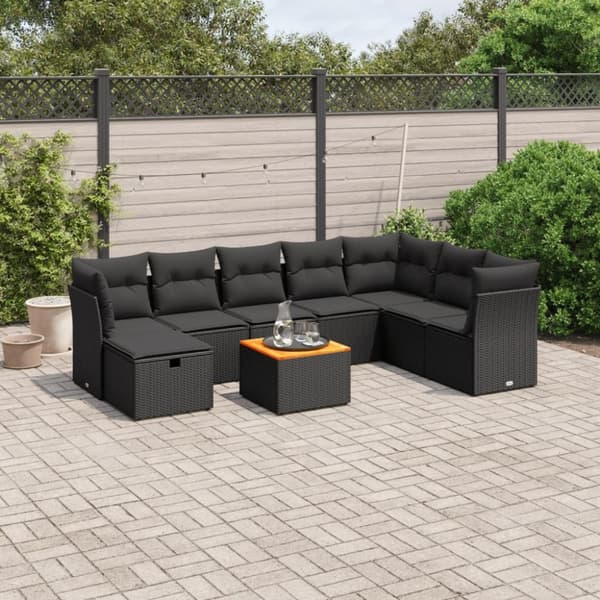 vidaXL sofasæt til haven 9 dele med hynder polyrattan sort