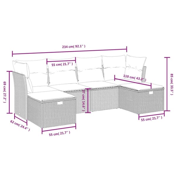 vidaXL sofasæt til haven 6 dele med hynder polyrattan sort