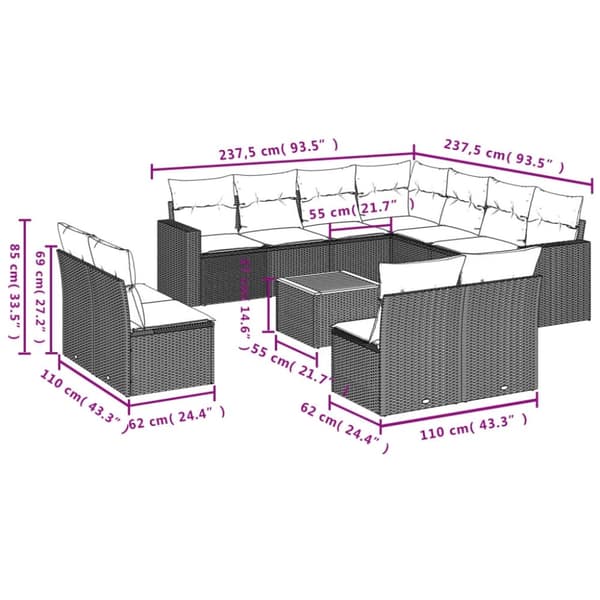 vidaXL sofasæt til haven 12 dele med hynder polyrattan sort