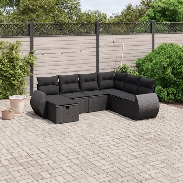 vidaXL sofasæt til haven 7 dele med hynder polyrattan sort