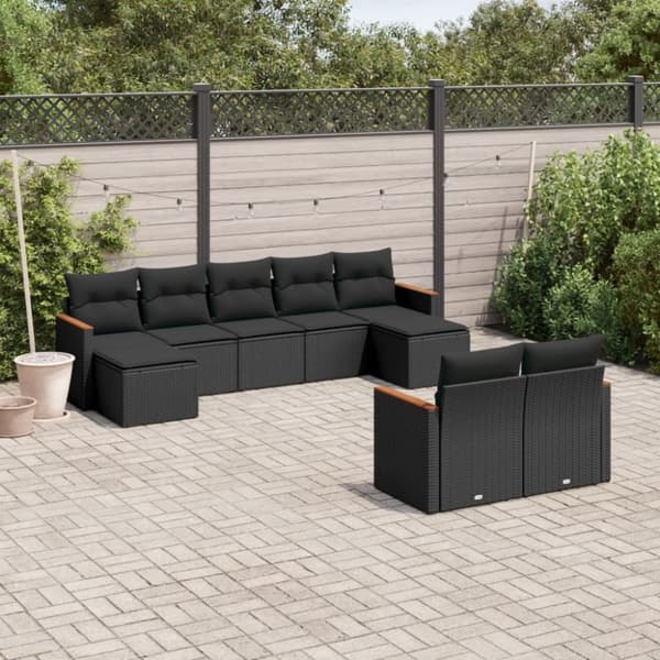 vidaXL sofasæt til haven 9 dele med hynder polyrattan sort