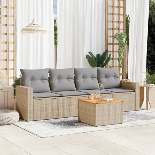 vidaXL havesofasæt 5 dele med hynder polyrattan beige