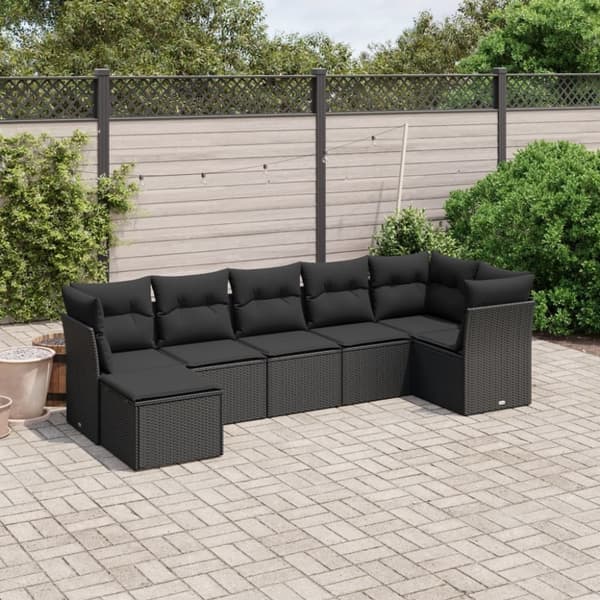 vidaXL sofasæt til haven 7 dele med hynder polyrattan sort