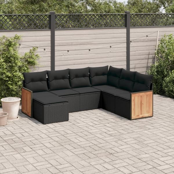 vidaXL sofasæt til haven 7 dele med hynder polyrattan sort