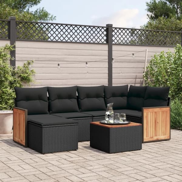 vidaXL sofasæt til haven 7 dele med hynder polyrattan sort