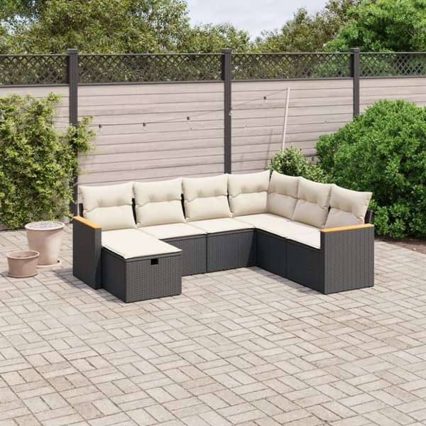 vidaXL sofasæt til haven 7 dele med hynder polyrattan sort