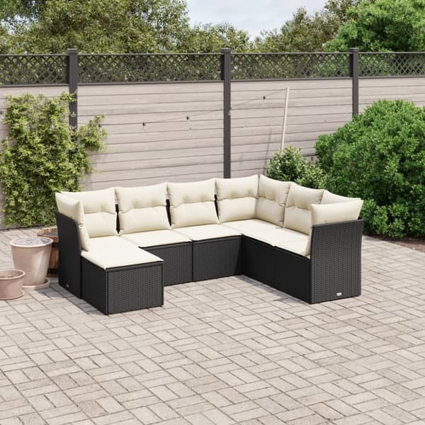 vidaXL sofasæt til haven 7 dele med hynder polyrattan sort