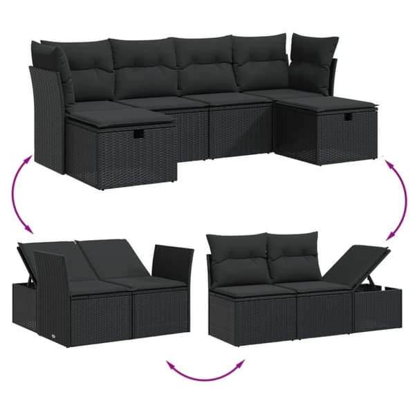vidaXL sofasæt til haven 6 dele med hynder polyrattan sort