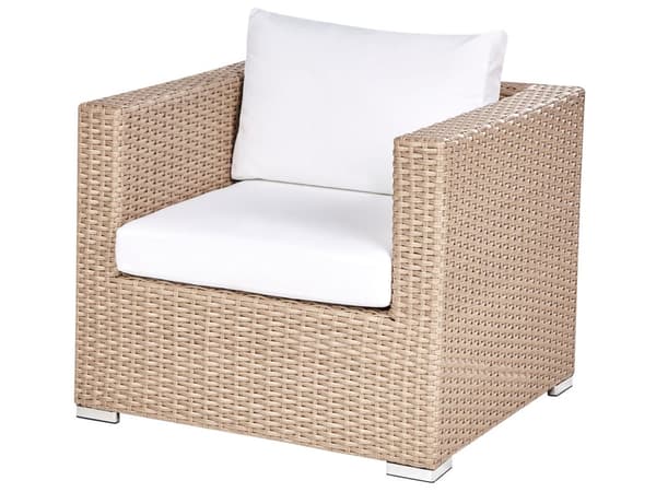 Hagesett Sandbeige flettet PE-rotting Hjørnesofa med lenestol og salongbord Hvite puter