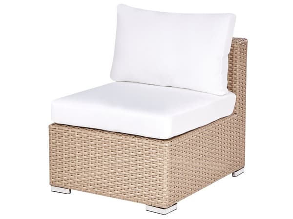 Hagesett Sandbeige flettet PE-rotting Hjørnesofa med lenestol og salongbord Hvite puter
