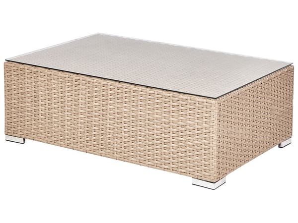 Hagesett Sandbeige flettet PE-rotting Hjørnesofa med lenestol og salongbord Hvite puter