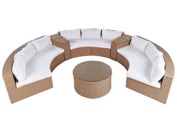 Hage loungesett Sand Beige PE Rotting U-formet 9-seters sofa Oppbevaringsboks Rundt bord Hvite puter Samtalesett for utendørsbruk