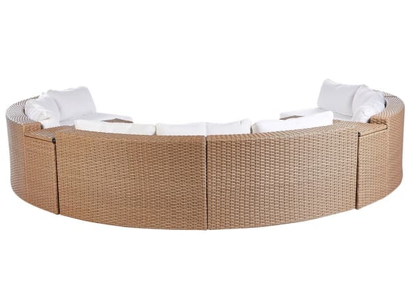 Hage loungesett Sand Beige PE Rotting U-formet 9-seters sofa Oppbevaringsboks Rundt bord Hvite puter Samtalesett for utendørsbruk