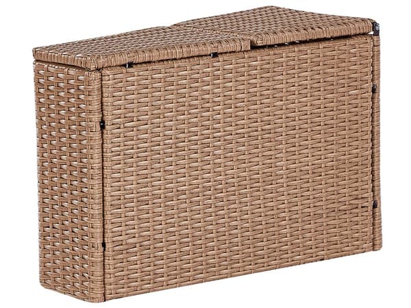 Hage loungesett Sand Beige PE Rotting U-formet 9-seters sofa Oppbevaringsboks Rundt bord Hvite puter Samtalesett for utendørsbruk