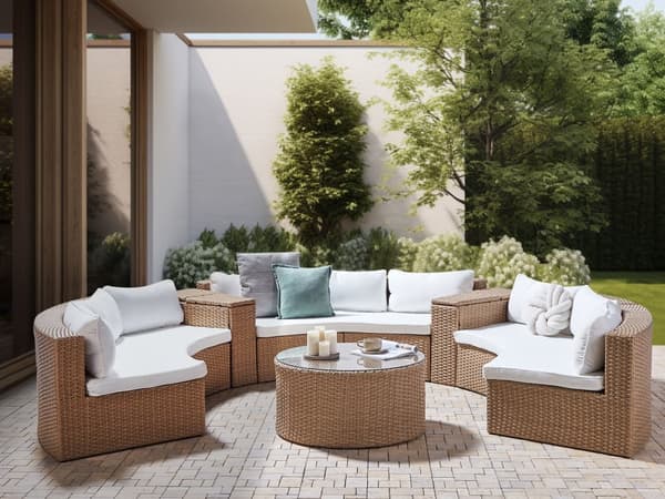 Sandbeige Konstrotting U-formad 9-sits Vita Kuddar med Bord Utomhus Loungegrupp