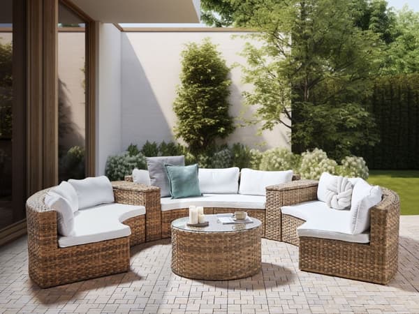 Loungegrupp Guldbrun Konstrotting U-formad 9-sits Vita Kuddar med Bord Utomhus
