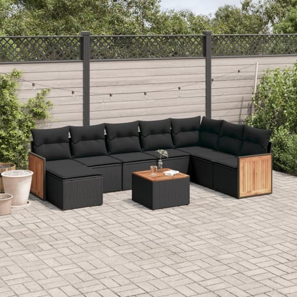 vidaXL sofasæt til haven 9 dele med hynder polyrattan sort