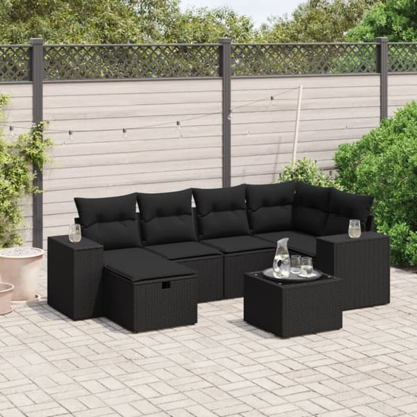 vidaXL sofasæt til haven 7 dele med hynder polyrattan sort