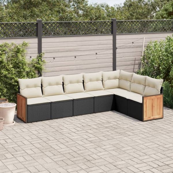 vidaXL sofasæt til haven 7 dele med hynder polyrattan sort