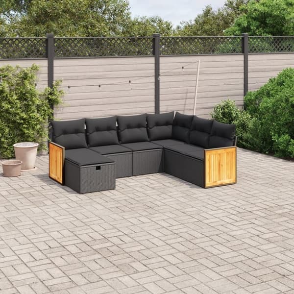 vidaXL sofasæt til haven 7 dele med hynder polyrattan sort