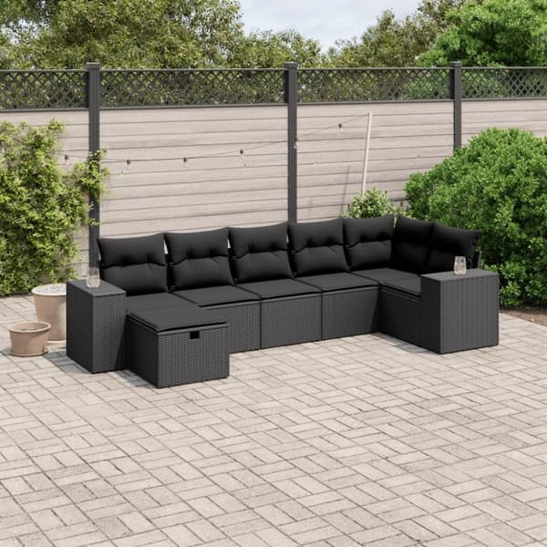 vidaXL sofasæt til haven 7 dele med hynder polyrattan sort